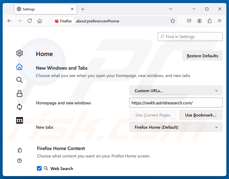 Usuwanie astridresearch.com ze strony głównej Mozilla Firefox