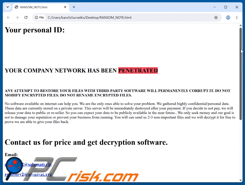 Żądanie okupu ransomware Betelgeuse (RANSOM_NOTE.html)