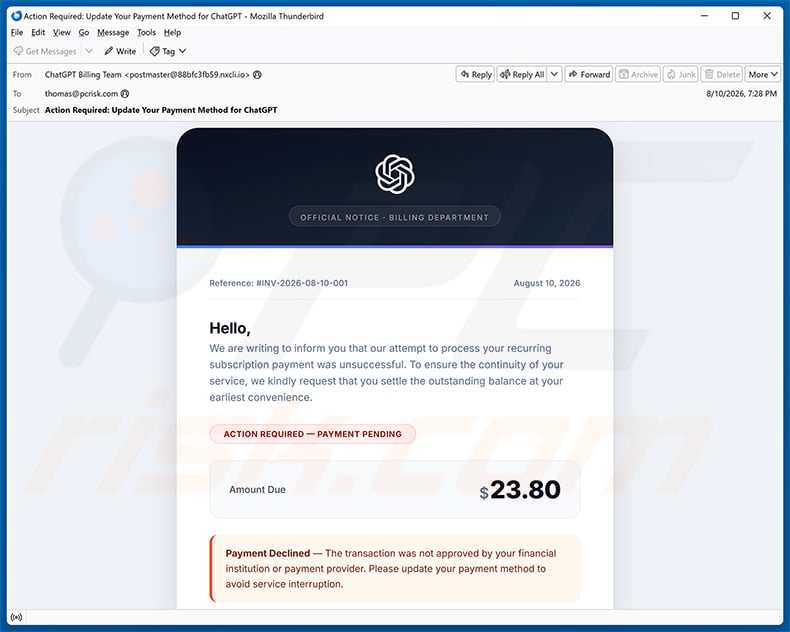 Kampania spamowa e-mail ChatGPT Payment Method Update Email Scam