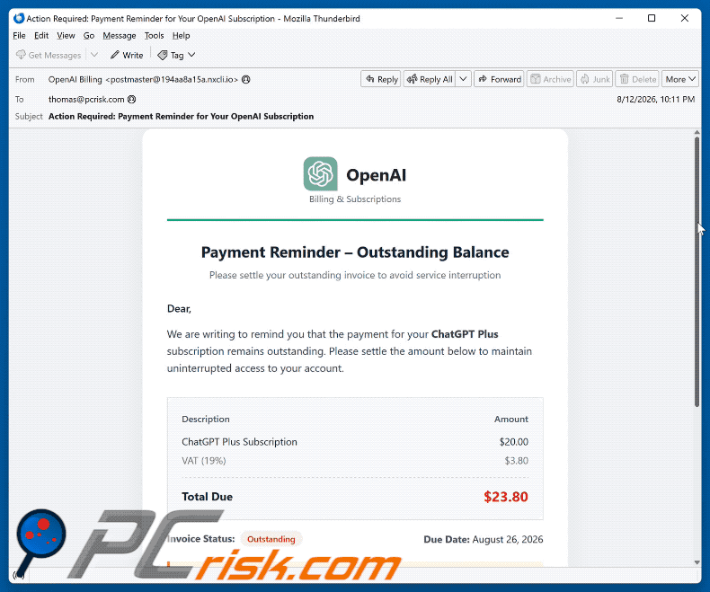Oszukańcza wiadomość e-mail ChatGPT Payment Reminder (GIF)