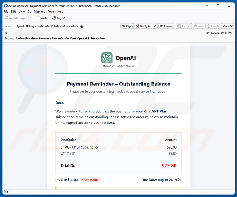 Kampania spamowa ChatGPT Payment Reminder oszustwo e-mailowe