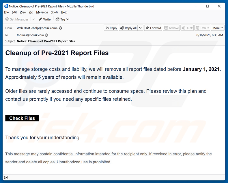 Kampania spamowa e-mail Cleanup Of Pre-2021 Report Files oszustwo e-mailowe