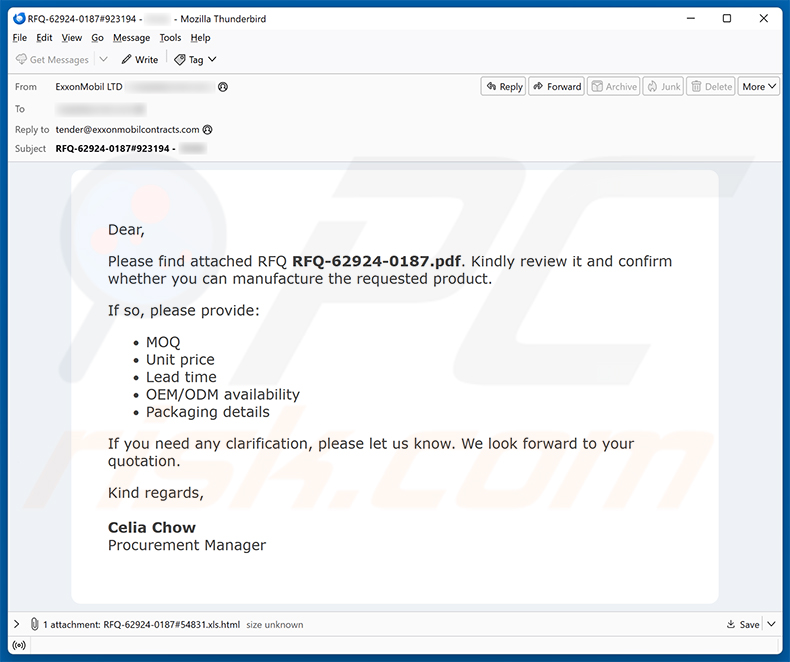Kampania spamowa e-mailowa Confirmation Of Request For Quotation (RFQ) oszustwo e-mailowe