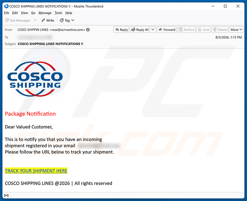 Kampania spamowa Cosco Shipping Package Notification oszustwo e-mailowe