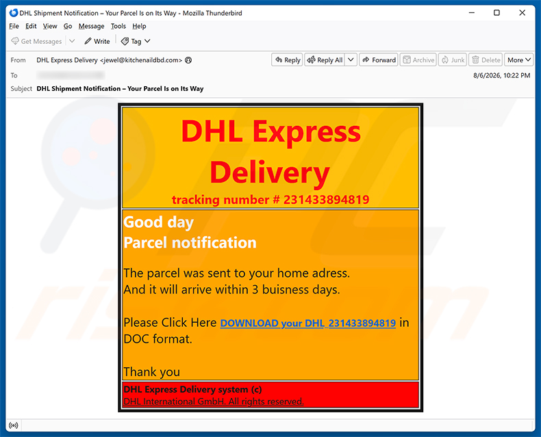 DHL Express - Parcel Sent To Your Home Address oszustwo e-mailowe