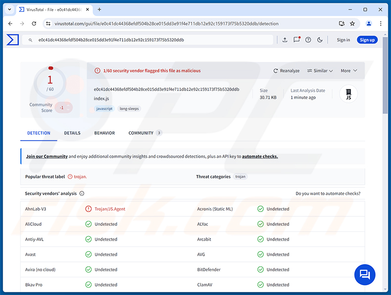 Wykrycia E4del RAT na VirusTotal