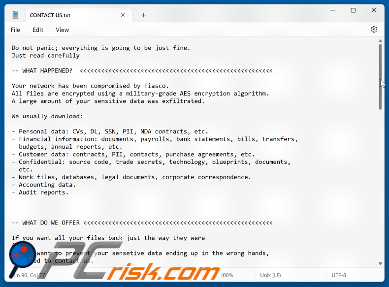 Żądanie okupu Fiasco Ransomware (CONTACT US.txt)