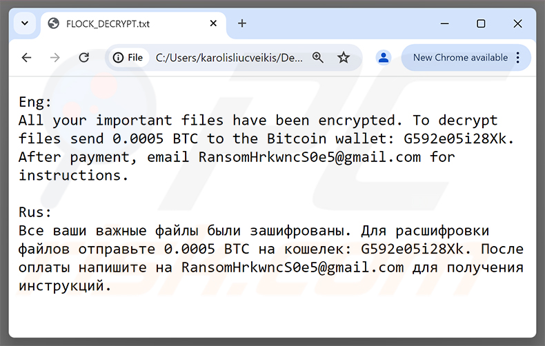 Wiadomość z żądaniem okupu FLocker Ransomware (FLOCK_DECRYPT.txt)