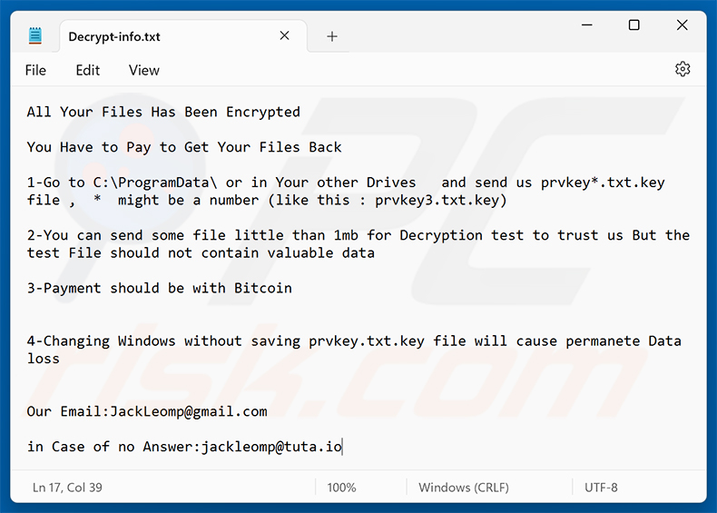 Żądanie okupu ransomware Grandeur (Decrypt-info.txt)