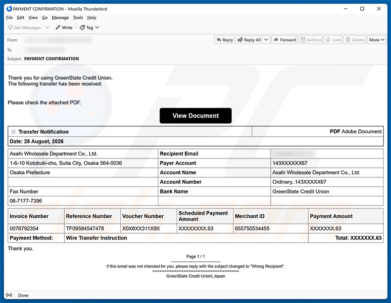Kampania spamowa e-mailowa GreenState Credit Union Transfer Received oszustwo e-mailowe