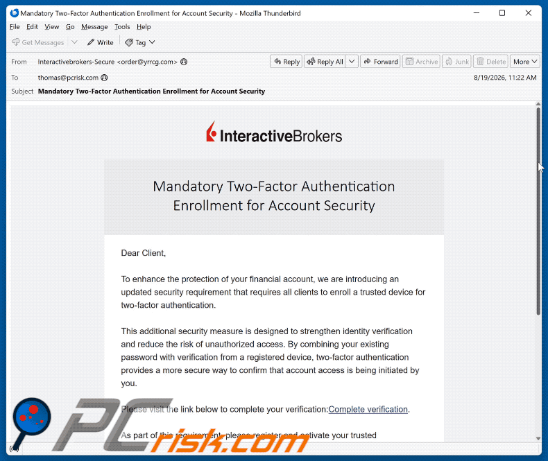 Oszukańcza wiadomość e-mail Interactive Brokers Two-Factor Authentication (GIF)