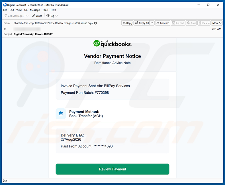 Kampania spamowa Intuit QuickBooks - Vendor Payment Notice Email Virus