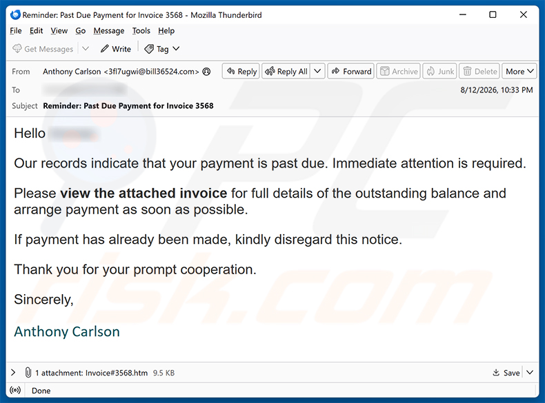 Kampania spamowa Invoice Payment Is Past Due oszustwo e-mailowe