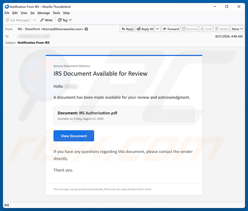 Kampania spamowa e-mail IRS Document Available For Review oszustwo e-mailowe