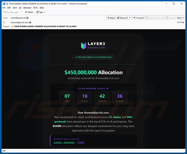 Kampania spamowa Layer3 Airdrop Email oszustwo