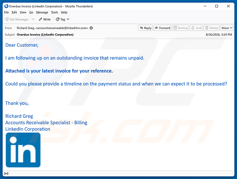 LinkedIn - Outstanding Invoice oszustwo e-mailowe