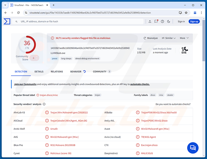 Wykrycia malware LLHN Stealer na VirusTotal