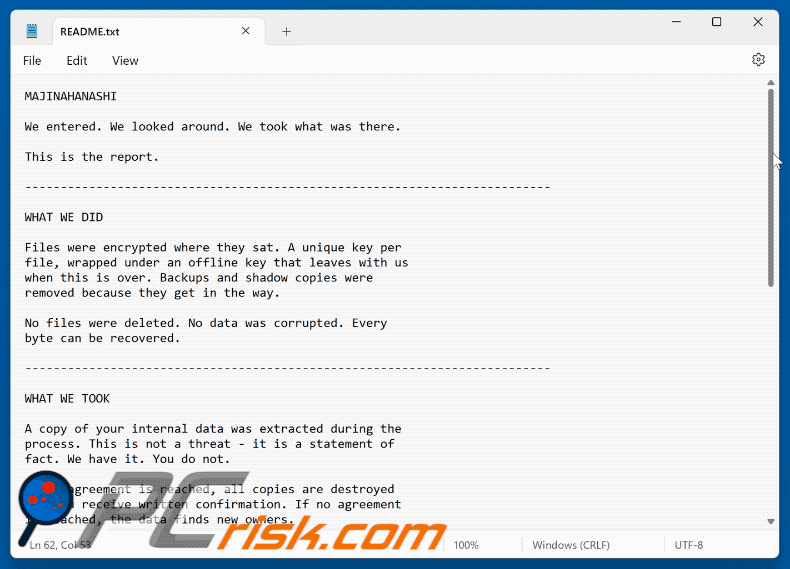 Plik tekstowy ransomware MAJINAHANASHI (README.txt)
