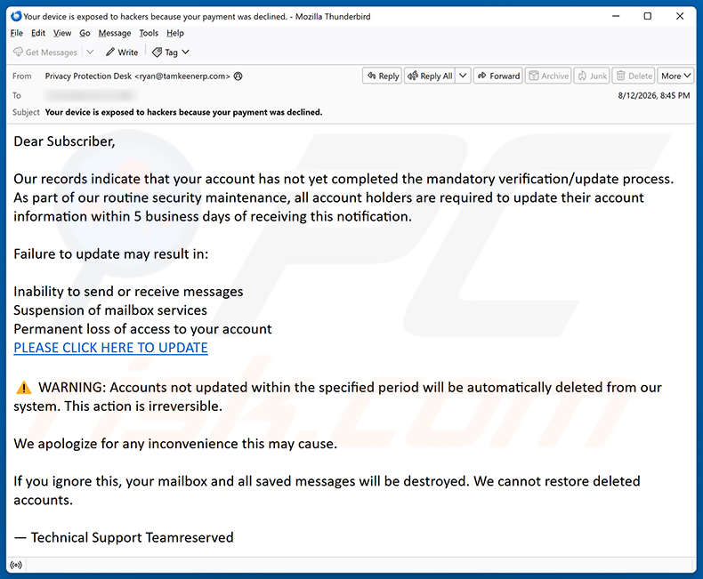 Kampania spamowa e-mail Mandatory Verification/Update Process oszustwo e-mailowe