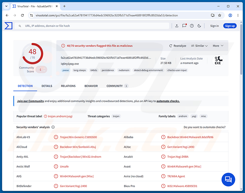 Wykrycia malware PackClient RAT na VirusTotal
