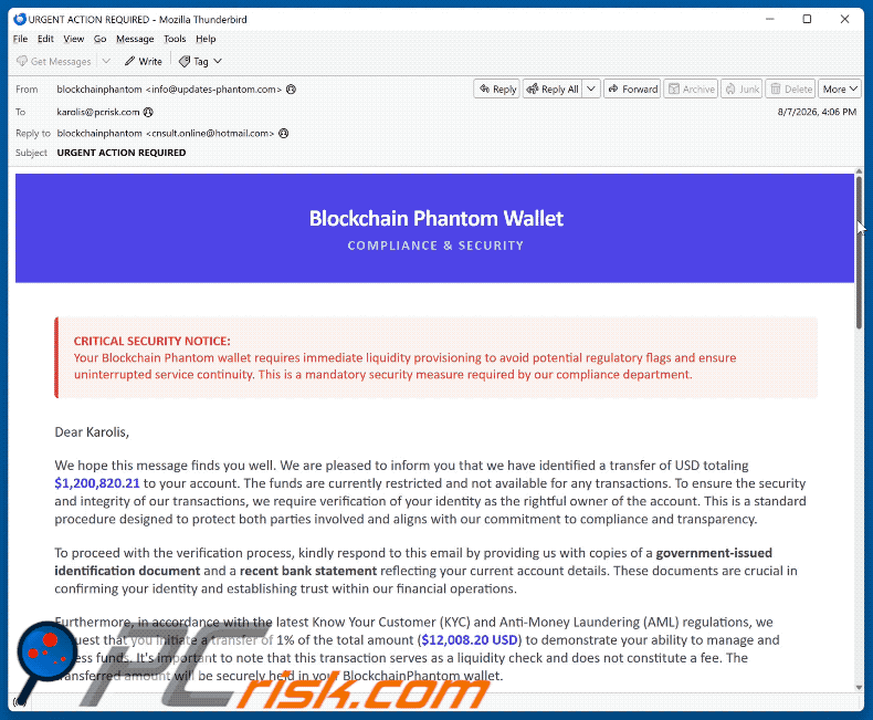 Phantom Wallet Identity Confirmation oszustwo e-mailowe (GIF)