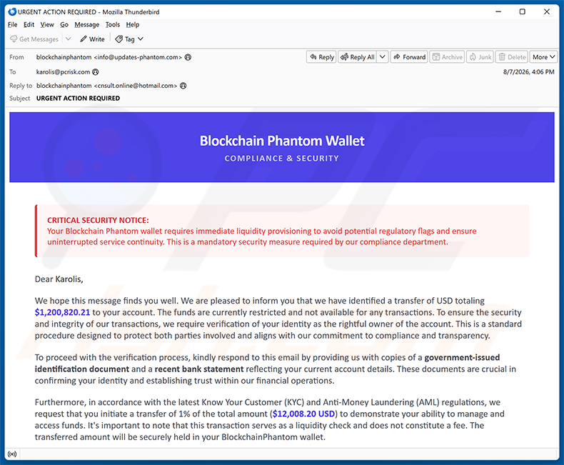 Phantom Wallet Identity Confirmation oszustwo e-mailowe