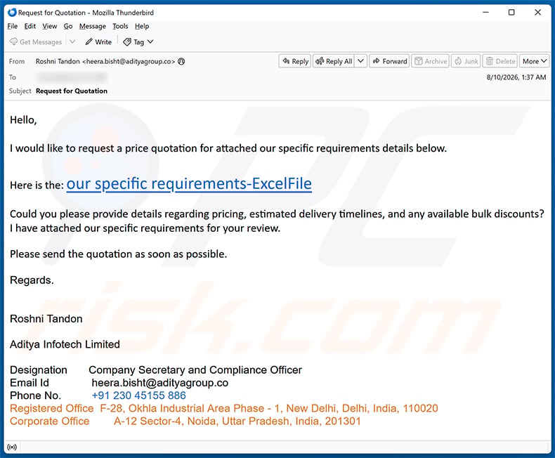 Kampania spamowa oszustwa e-mailowego Price Quotation Request
