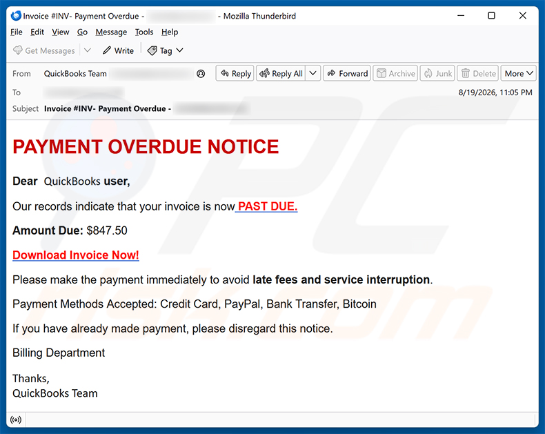 Kampania spamowa oszustwa e-mailowego QuickBooks - Payment Overdue