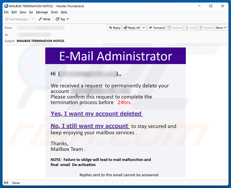 Kampania spamowa e-mail Request To Permanently Delete Your Account