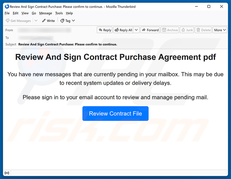 Kampania spamowa Review And Sign Contract Purchase Agreement oszustwo e-mailowe