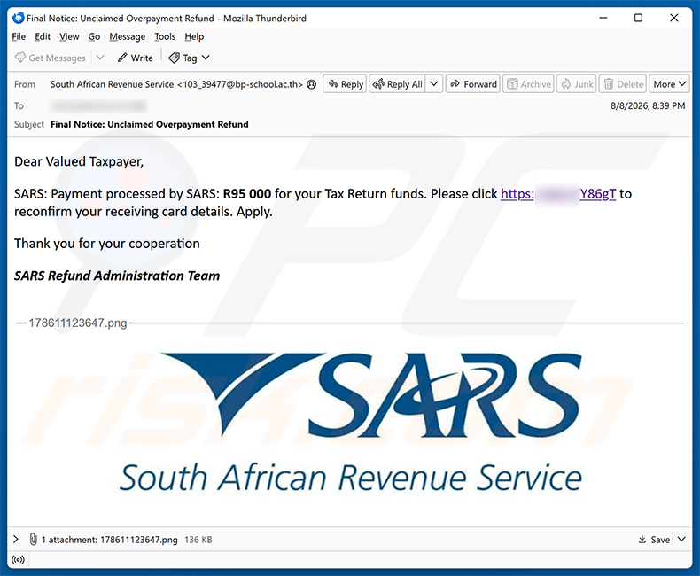 Kampania spamowa oszustwa e-mailowego SARS Tax Refund Email Scam