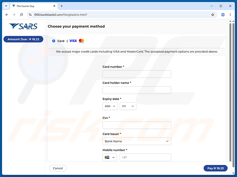 Strona zbierania danych karty kredytowej SARS Tax Refund Email Scam