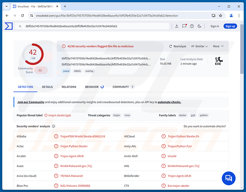 Wykrycia malware Vanta Stealer w serwisie VirusTotal