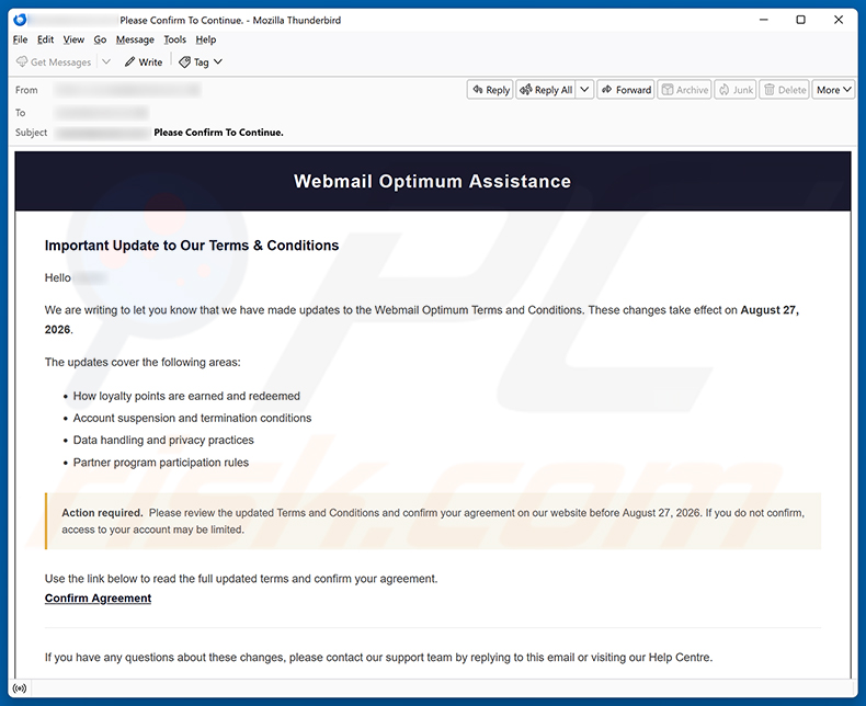Kampania spamowa e-mail Webmail Optimum Terms and Conditions Update oszustwo e-mailowe