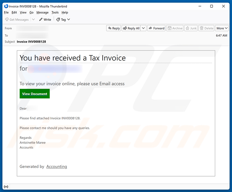 Kampania spamowa e-mailowa oszustwa You Have Received A Tax Invoice