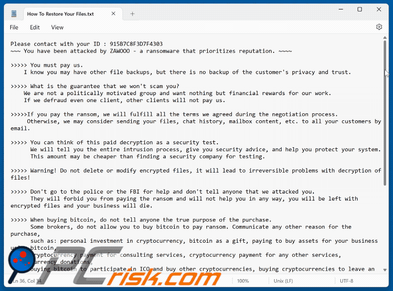 Żądanie okupu ransomware ZAWOOO (How To Restore Your Files.txt)