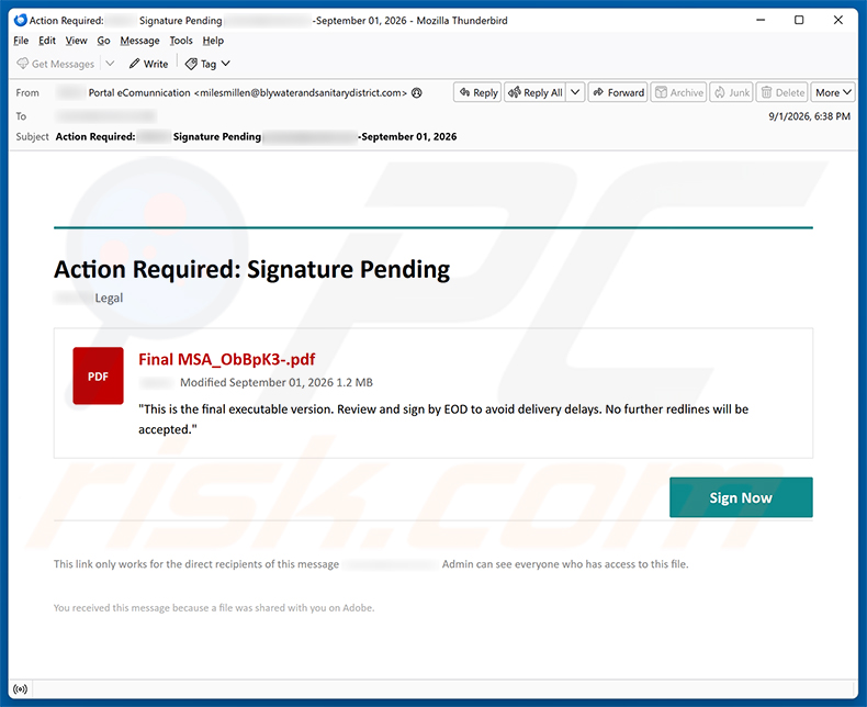 Kampania spamowa e-mailowa Action Required: Signature Pending