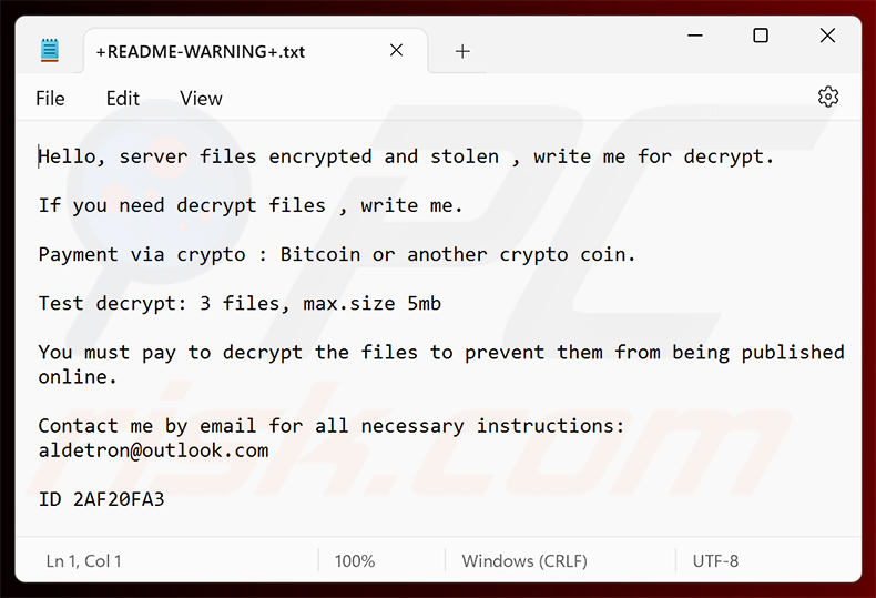 Żądanie okupu ransomware Aldet (+README-WARNING+.txt)
