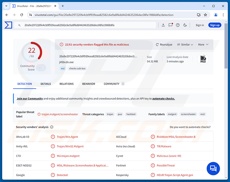 Wykrycia malware ChainScript RAT na VirusTotal