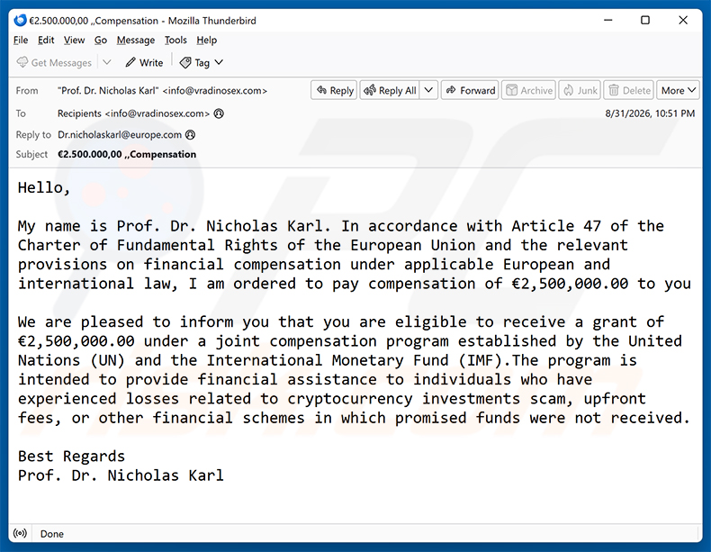 Kampania spamowa Compensation Program Email Scam