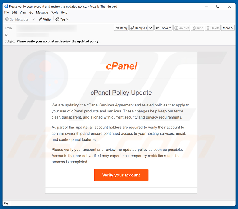 Kampania spamowa oszustwa e-mailowego cPanel Policy Update