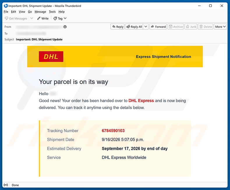 Kampania spamowa e-mail DHL Express Parcel Is On Its Way oszustwo e-mailowe