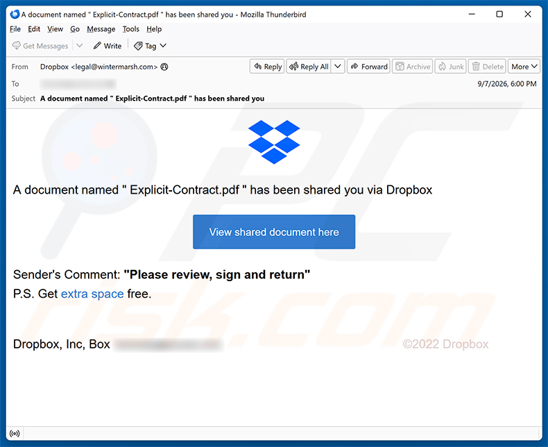 Kampania spamowa e-mail Document Has Been Shared You Via Dropbox oszustwo e-mailowe
