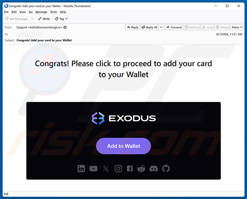 Exodus - Add Your Card To Your Wallet oszustwo e-mailowe - kampania spamowa