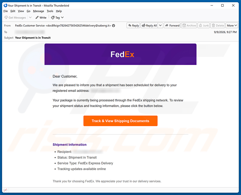 FedEx Shipment Scheduled For Delivery oszustwo e-mailowe - kampania spamowa