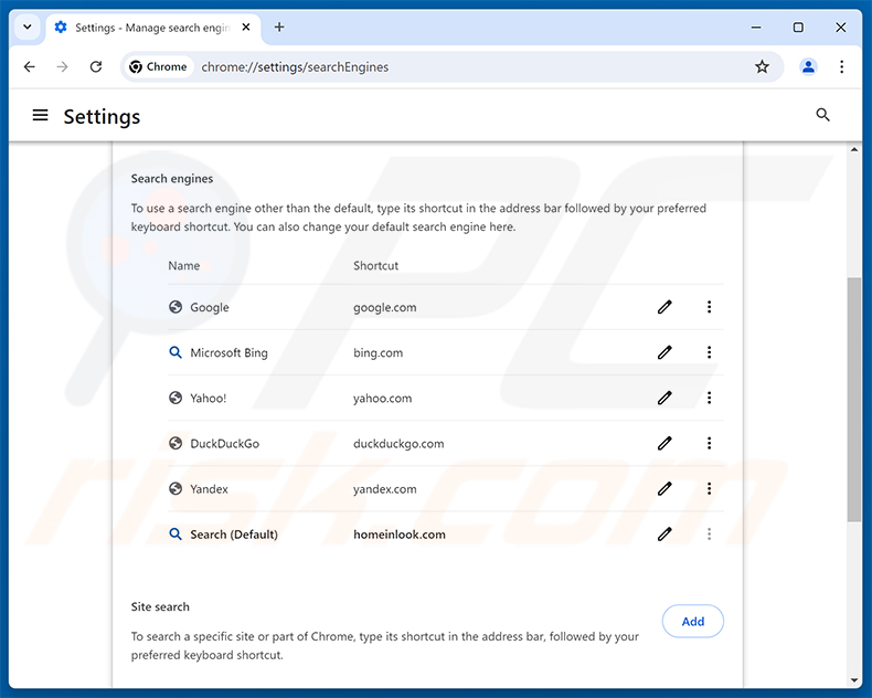 Usuwanie homeinlook.com z domyślnej wyszukiwarki Google Chrome