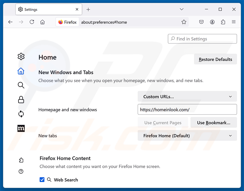 Usuwanie homeinlook.com ze strony domowej Mozilla Firefox