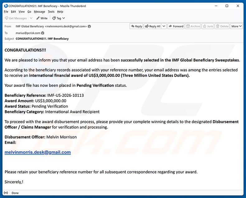 Kampania spamowa e-mail IMF Global Beneficiary Sweepstakes