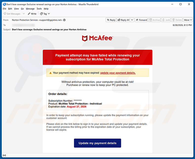 Kampania spamowa e-mail McAfee - Payment Method Expired oszustwo e-mailowe