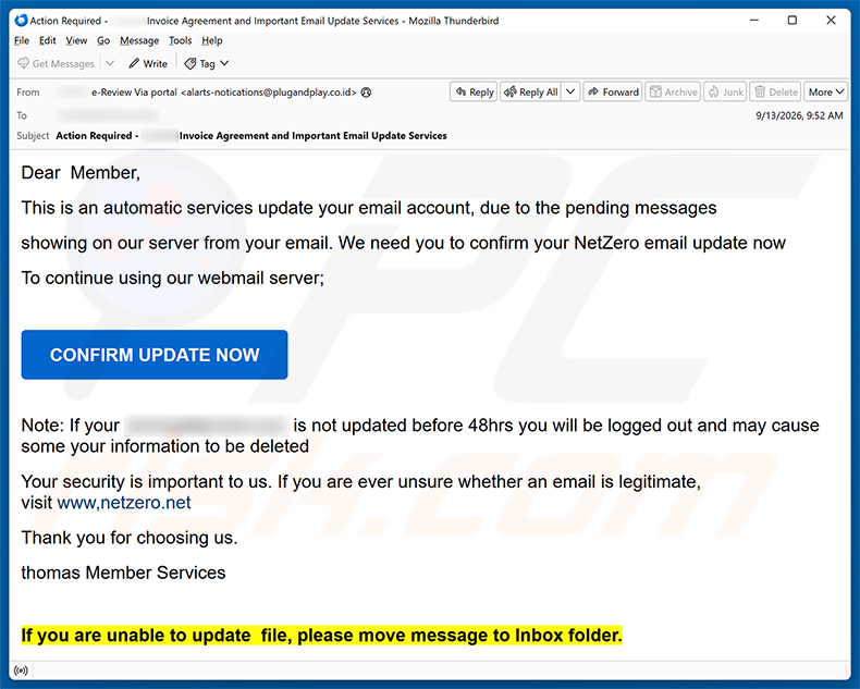 Kampania spamowa NetZero Email Update Scam